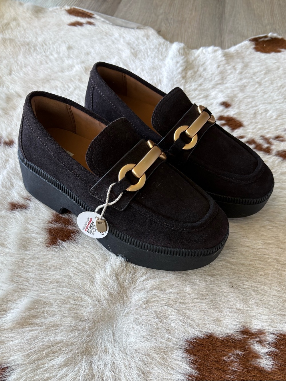 NWT Fitflop F-Luma Black Suede Platform Loafers with Gold Chain